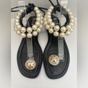 Tory Burch Melody black leather sandals gold-tone hardware pearl accents Sz 38